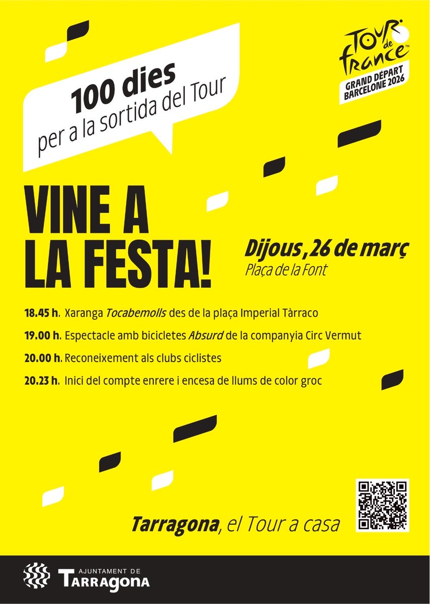 TGN_esports_'s tweet photo. 🚴‍♂️ Tarragona engega dijous el compte enrere dels 100 dies pel Tour amb una gran festa ciutadana.

📅 Dijous 26 de març
🕤 A les 19 h
📍 A la plaça de la Font 

Més informació a 📲 https://t.co/wuWO5mrLDz https://t.co/BkwK3HCVc5