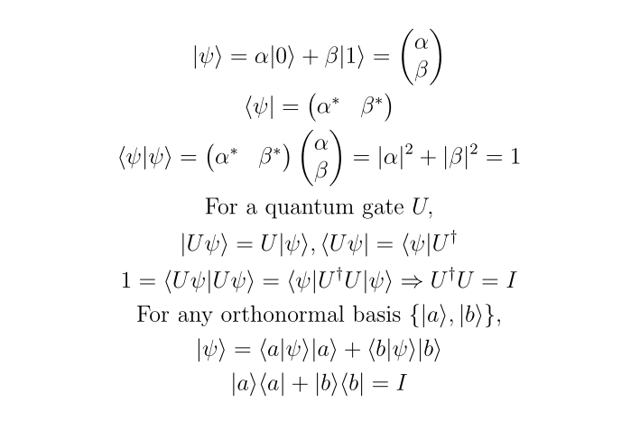 thomasgwong's tweet photo. Lately in #PHY533 #QuantumComputing: The dual of a ket is a bra, obtained by the conjugate transpose. We can multiply them as inner products or outer products, which are useful for normalization, orthogonality, changing bases, and showing that quantum gates are unitary matrices. https://t.co/IBhlPs052D