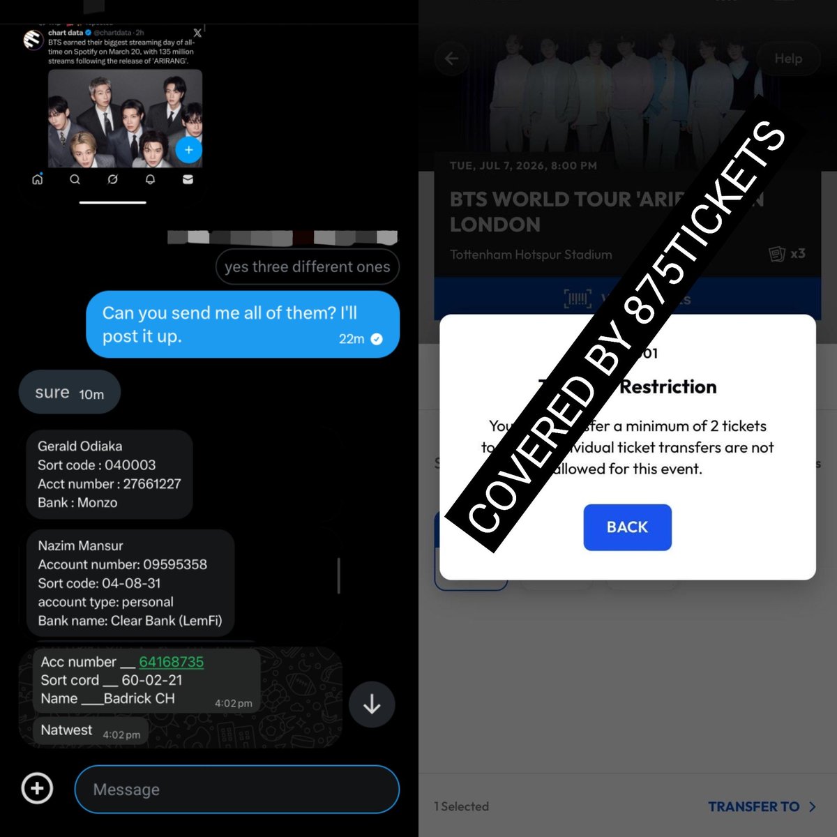 875tickets's tweet photo. SCAMMER ALERT

@/StarlightTaeV: https://t.co/qPvwp6Yki9
@/tearyeyesmee: https://t.co/Aidwpzll4M
@/suga_melody13: https://t.co/MpLWl5Pdqk
Solomon George (BTS Madrid Tickets): on FB

#875ticketscam https://t.co/uEXbHwCP7L