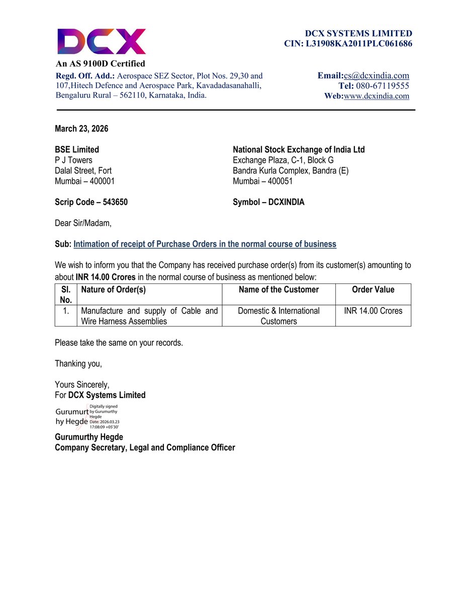 stocknewslatest's tweet image. #DCXINDIA DCX Systems Limited announced receiving purchase orders totaling approximately INR 14.00 Crores. These orders, in the normal course of business, are for the manufacture and supply of cable and wire harness assemblies to both domestic and international customers.