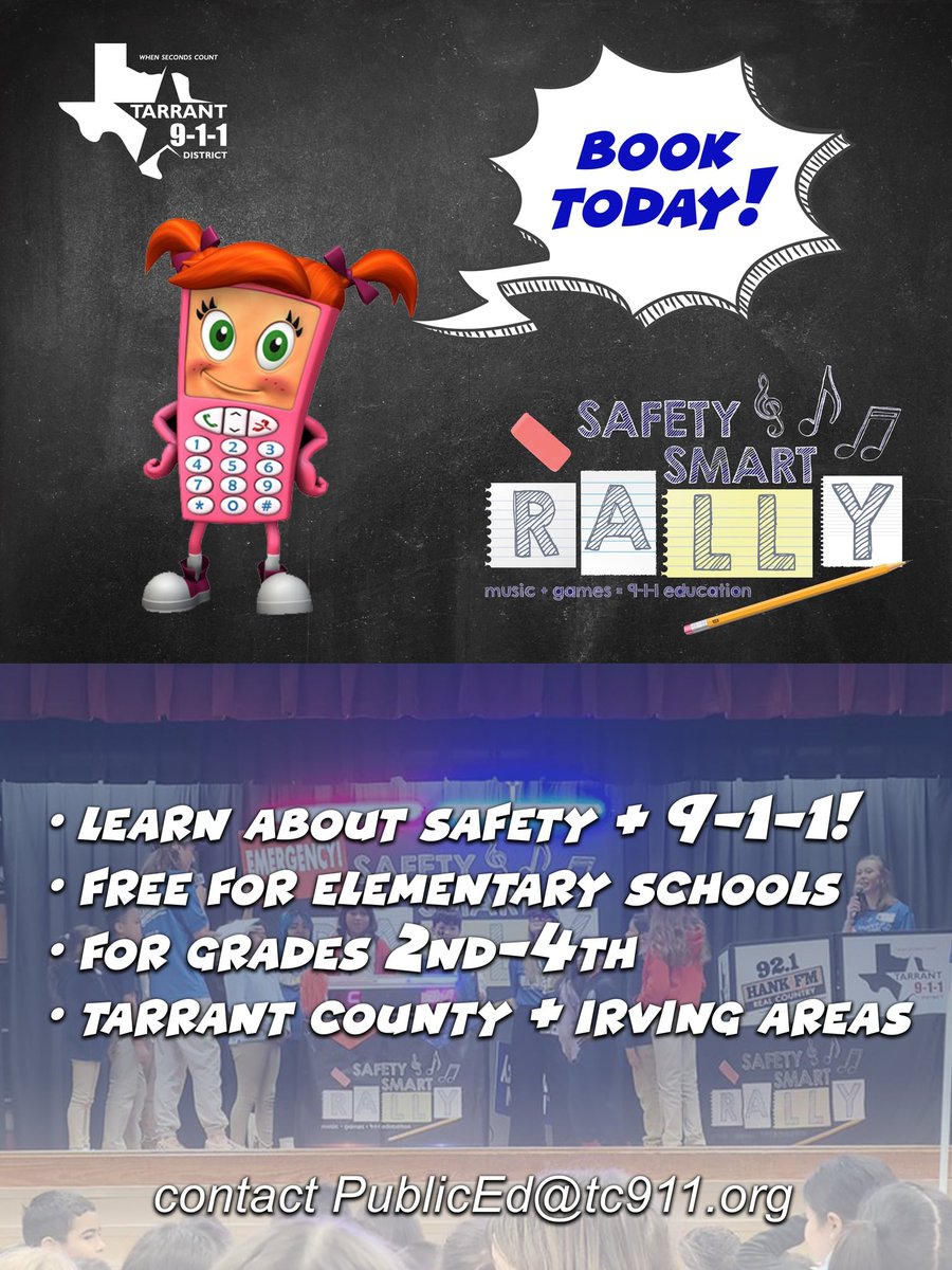 EXCITING NEWS! 🎊✨️ We are now booking the Safety Smart Rally for the 2026-2027 school year! Hurry, spots are limited for this free and fun program that students love. Contact us today!
Contact PublicEd@tc911.org 

 #safetysmartrally #education #911education #safety