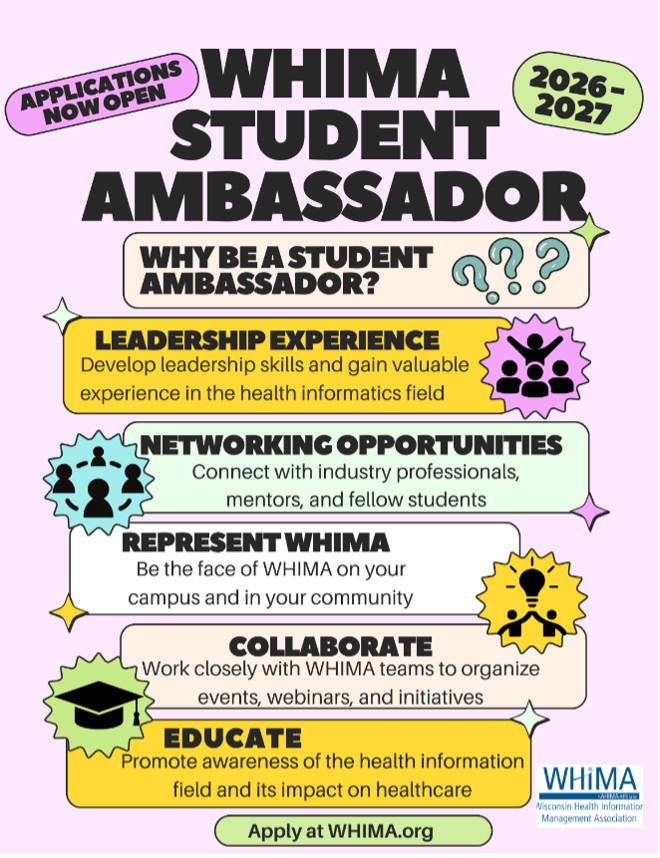🌟 🚀 Student Opportunity: Represent Wisconsin’s HIM Community - champ.ly/weTTkJcq
WHIMA is seeking enthusiastic and driven students passionate about health information (HI) to join our leadership team as the next Student Ambassador. 
#WHIMA #WHIMAStudentAmbassador