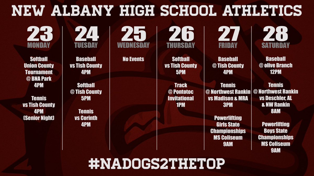 HailMaroon's tweet photo. Here’s what is happening this week in NAHS Athletics. Be sure to join us when you can to support these Bulldogs! https://t.co/AUte41WeGk