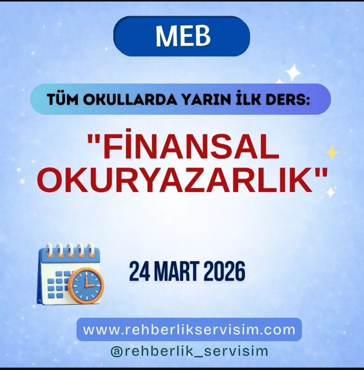 PdrRehber's tweet photo. Millî Eğitim Bakanlığı ve Sermaye Piyasası Kurulu iş birliğinde hazırlanan “finansal okuryazarlık” dersi içerikleri ilkokul, ortaokul ve lise kademesindeki tüm okullarda yarın birinci ders saatinde ortak olarak işlenecek. https://t.co/cxmPh2SqDD
#mebhaberleri
#meb https://t.co/Qpnf1OVLeS