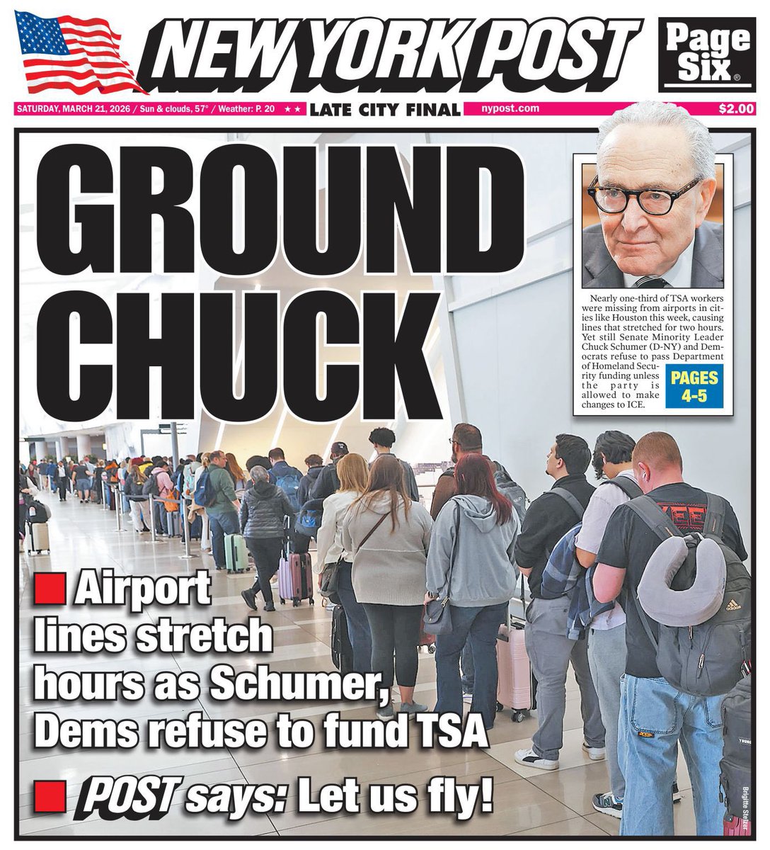 Pennsy20's tweet photo. @catturd2 @DHughes23512 For Trumpβs next trick, he will shorten lines at airports and get TSA funded by placing ICE agents in airports who will arrest and deport THOUSANDS of illegals! JUST WATCH!!
#SchumerShutdown2 https://t.co/clPoDYPqik