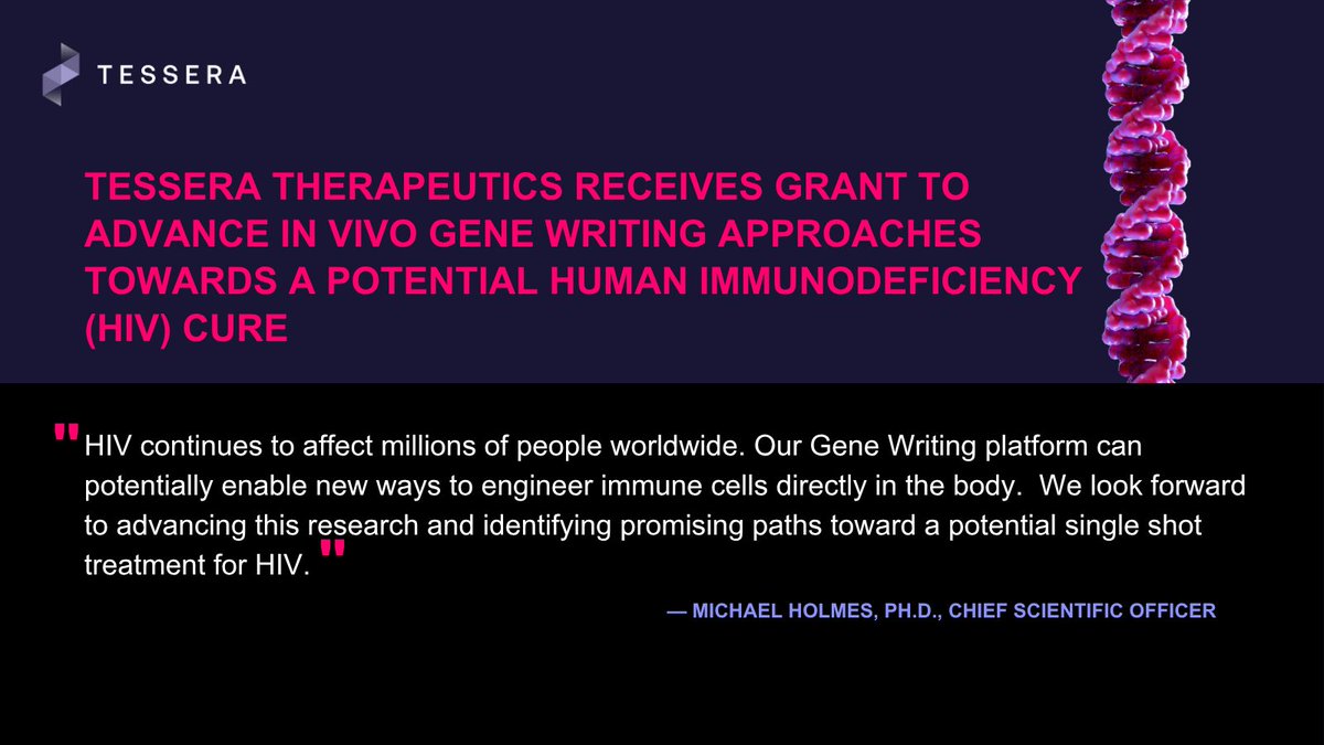 TesseraTx's tweet photo. Today, we're excited to share that we've received a grant from the Gates Foundation to advance our in vivo Gene Writing approaches toward a potential scalable cure for HIV.  Read the full announcement here: https://t.co/sWLSE1I5WP https://t.co/HfHVleSaIh