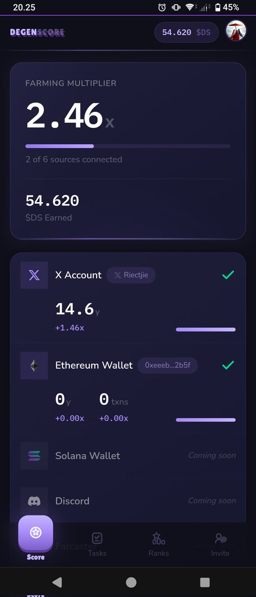 Riectjie's tweet photo. Yo just checked my DegenScore... 54,620 $DS points?! 😱😱 I'm in the top 100 leaderboard somehow?!
All because my X account is over 14 years old lol,veteran status paying off big time.
Who's farming with an ancient account too? #DegenScore #CryptoOG https://t.co/0vSuIA95FD
