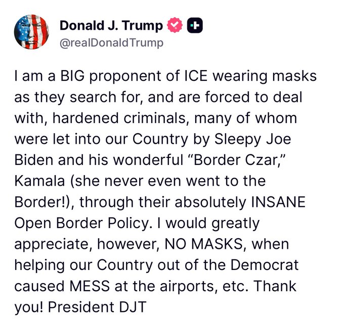 FoxNews's tweet photo. NEW: President Trump says he wants ICE agents working at airports during the DHS shutdown not to wear face masks like they typically do when dealing with criminals and deportations.

"I would greatly appreciate, however, NO MASKS, when helping out Country out of the Democrat caused MESS at the airports."