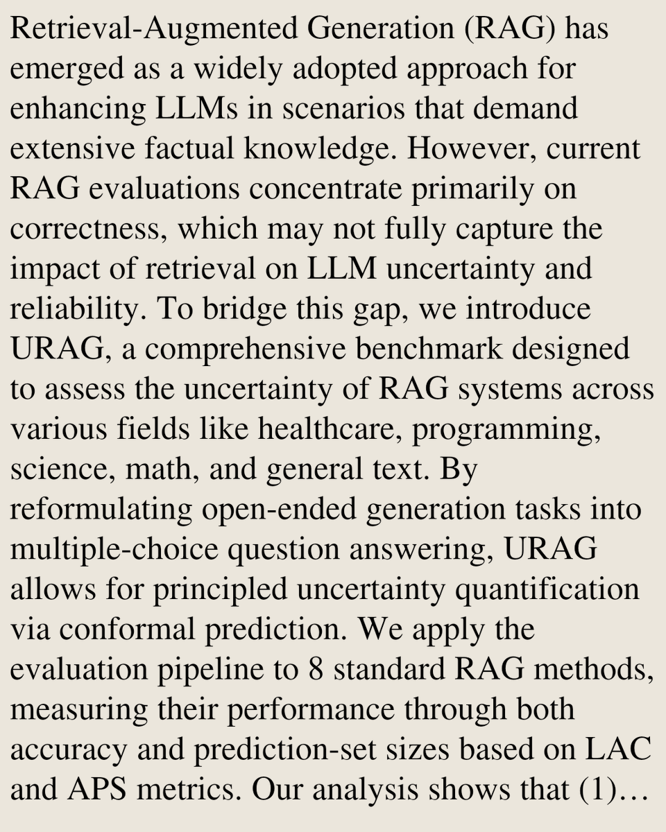 HEI's tweet photo. URAG: A Benchmark for Uncertainty Quantification in Retrieval-Augmented Large Language Models

Vinh Nguyen, Cuong Dang, Jiahao Zhang, Hoa Tran, Minh Tran, Trinh Chau, Thai Le, Lu Cheng, Suhang Wang
https://t.co/knkbebuJcN [𝚌𝚜.𝙲𝙻 𝚌𝚜.𝙰𝙸 𝚌𝚜.𝙸𝚁] https://t.co/CEceIVz27a