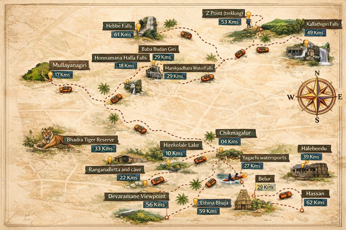 YogiTweetz's tweet photo. Your Guide to CHIKKAMAGALURU

Ideal vacation: 3 days

Main attractions:
Mullayanagiri
Hebbe falls 
Baba budangiri
Jhari falls (buttermilk falls)

(Both Hebbe and Jhari falls arent directly accessible and requires jeep ride)

Do visit the architectural wonders, Halebidu Hoysaleswara Temple & Belur Chennakeshava temple...a short detour from Chikkamagaluru that is absolutely worth it !!

Complete map with several attractions & optional day tours info below

#YogiTravelTales