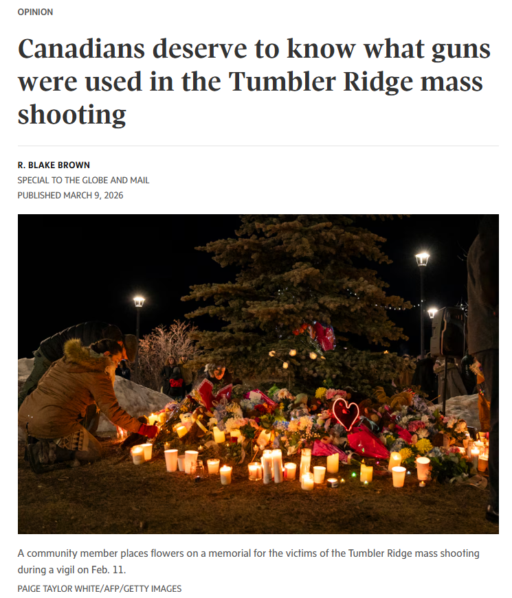 RBlakeBrown's tweet photo. It has been six weeks since the Tumbler Ridge mass shooting, and the @rcmpgrcpolice has still not released information about the guns used to kill eight people. The last RCMP update was on Feb 13.  https://t.co/l1AHoNDGFw https://t.co/5aqFGmGH7F