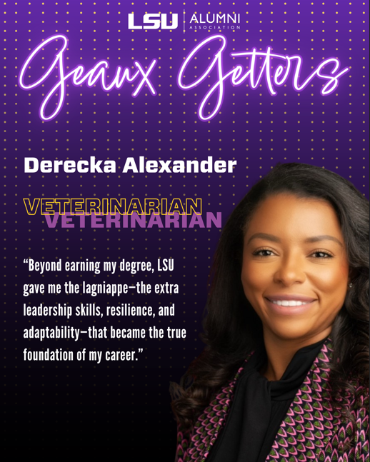 AlumniLSU's tweet image. 🐯💜 A proud LSU grad turned Doctor of Veterinary Medicine, Dr. Derecka Alexander is making an impact in veterinary medicine, public policy, and beyond—leading with purpose every step of the way. 
👉 hubs.la/Q047WcS_0

#LSUAlumni #GeauxGetter #GeauxTigers #LSUTigerNation