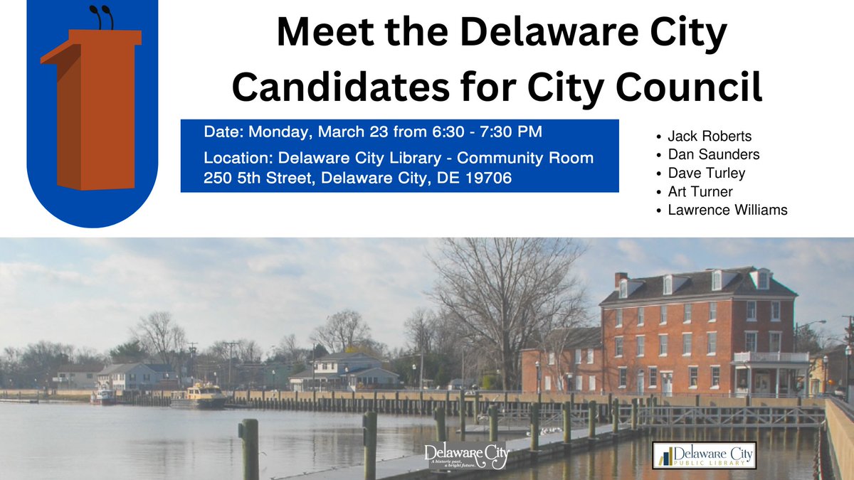 DECityLibrary's tweet photo. Want to learn more about the people running for City Council in Delaware City? Join us for a Meet the Candidates event and hear directly from the candidates about their ideas, priorities, and vision for our community. https://t.co/N4Q3RmiKSI