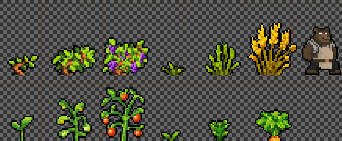 All actual crops :) I have added vine because grape is cool!

I have planned corn, potatoe and lettuce :)

#SOBATX #pixelart #indiegame #indiedev #solodev