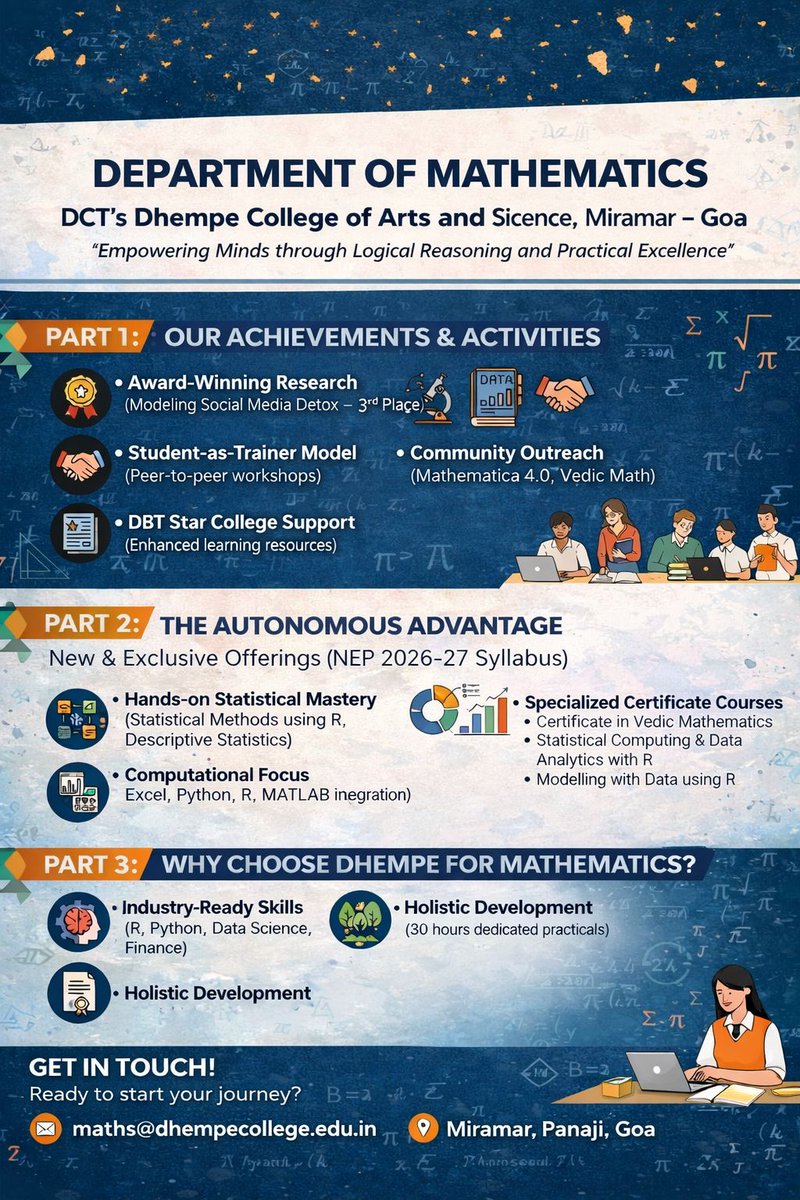 ➕📊 Department of Mathematics

The Department of Mathematics builds a strong foundation in analytical thinking, problem-solving, and logical reasoning, essential for today’s data-driven world.