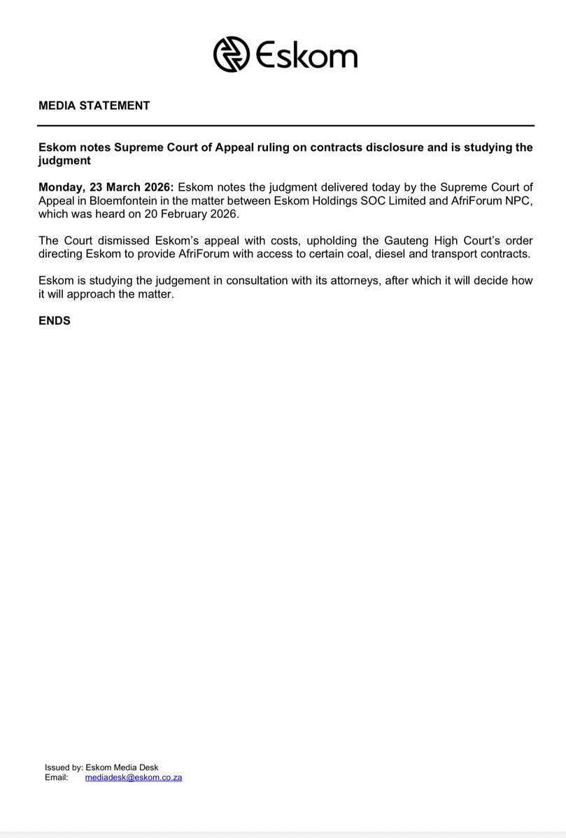 Eskom_SA's tweet image. #Eskom #MediaStatement

Eskom notes Supreme Court of Appeal ruling on contracts disclosure and is studying the
judgment