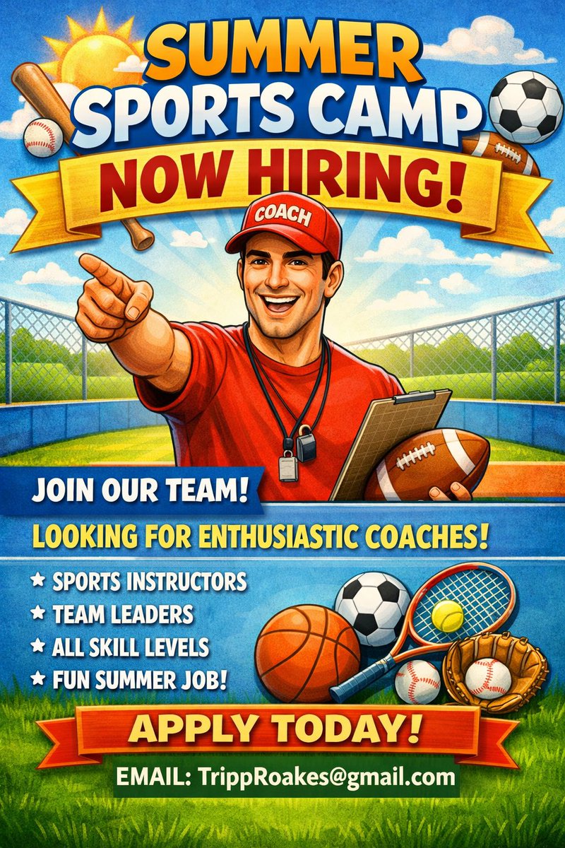 One opening for Camp Director for my 23rd year of Youth Sports Camps.

Prefer rising college junior or older, MUST be 100% Dependable, strong communicator and eager to lead.  Solid pay, Sports Camp Director

Email   TrippRoakes@gmail.com