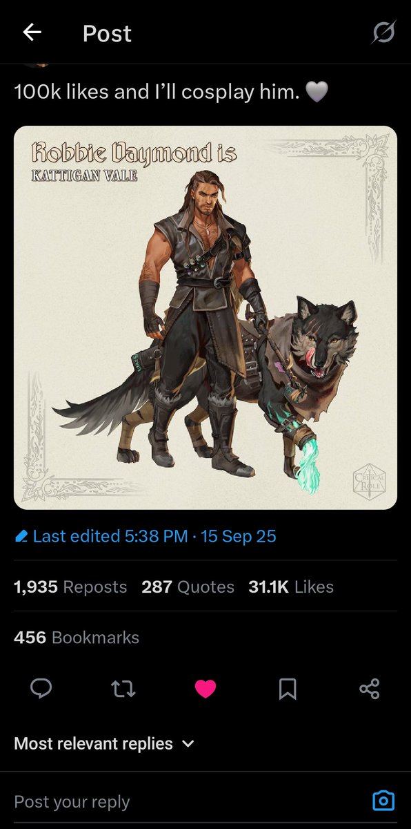 AlexInExandria's tweet photo. @robbiedaymond 61.9k. We're over 2/3s of the way there fellow critters. Keep it up. Did he post this anywhere else? 
@CriticalRole #criticalrole #robbiedaymond #kattigan #wolfric #campaign4 #kattiganvale #critrole https://t.co/bQMcRjpOpJ