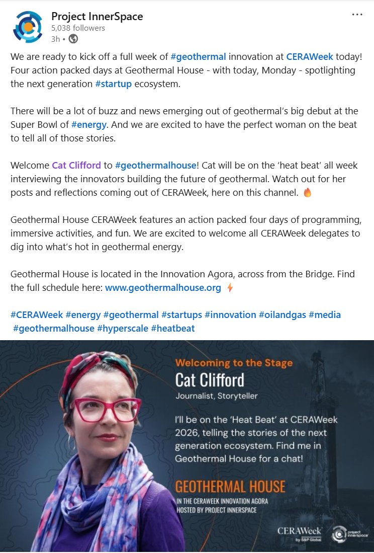 CatClifford's tweet photo. Geothermal is one of the most exciting stories in energy right now. I am in Houston at #CERAWeek on behalf of @innerspace2030. The full rundown is here: https://t.co/nMhjwIjyzO https://t.co/UWYwEcSS5Y