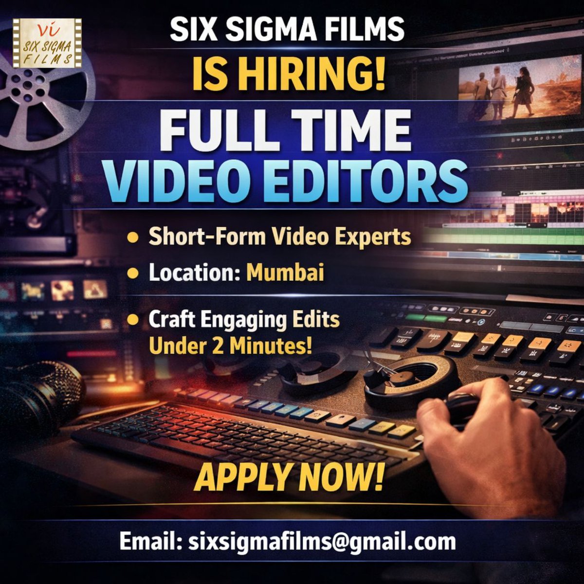 sixsigmafilms's tweet image. Hiring Full Time Video Editors to handle edits end-to-end.  Send your portfolio to sixsigmafilms@gmail.com
#VideoEditing #Editing  #MicroDrama #job #HiringIndia  #sixsigmafilms #Creative #editor #Dhurandhar2‌ #FilmEditing #CreativeEditors #Jobs  #bollywood #mumbai #videoeditor