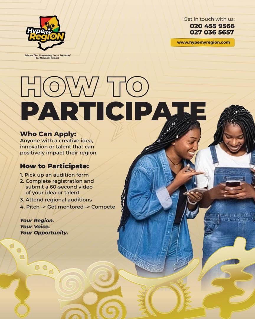 hypemyregiongh's tweet photo. Your region has talent. Your idea has power. 🇬🇭

Hype My Region is calling creators and innovators across Ghana to step forward and make impact.

Apply now:
https://t.co/cEK7MsJo9Y

#HypeMyRegion #HMR2026 #AuditionsOpen https://t.co/lVi3IXhDic