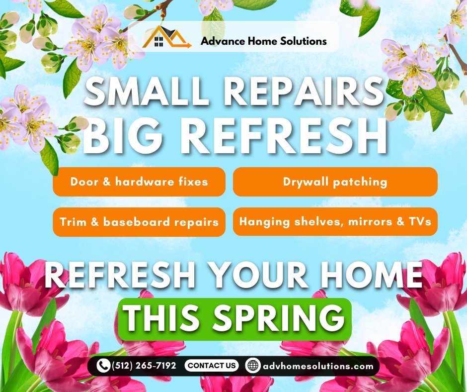 AdvanceHomeTX's tweet photo. 🔧✨ Small repairs. Big refresh.

Spring is the perfect time to handle those little fixes that make a big difference in how your home looks and feels.

📞 Call us to book your spring handyman service!

#SmallRepairsBigRefresh #SpringHandyman #HomeRefresh #HandymanServices https://t.co/wE0ZcDY6cY