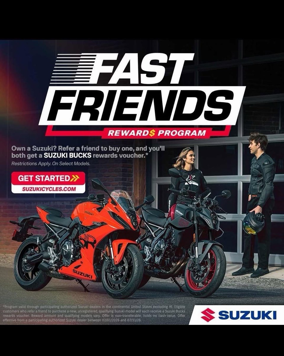suzukicycles's tweet photo. Suzuki Fast Friends is back!! — the referral program that rewards you for bringing your friends into the Suzuki family.

Sign up, share, and start earning with Suzuki Fast Friends. https://t.co/3izbNn7n6Z.

#Suzuki #SuzukiCycles #FastFriends https://t.co/m4o4olWAEF