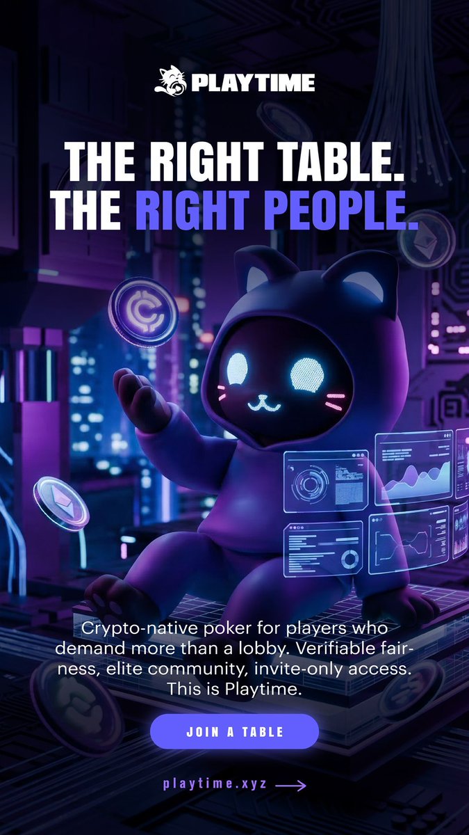 ginzagaming's tweet image. The table has always sorted people faster than any room in the industry. Playtime is crypto-native poker — invite-only, verifiably fair, built for people who already know the difference.
#Playtime #CryptoPoker #InviteOnly