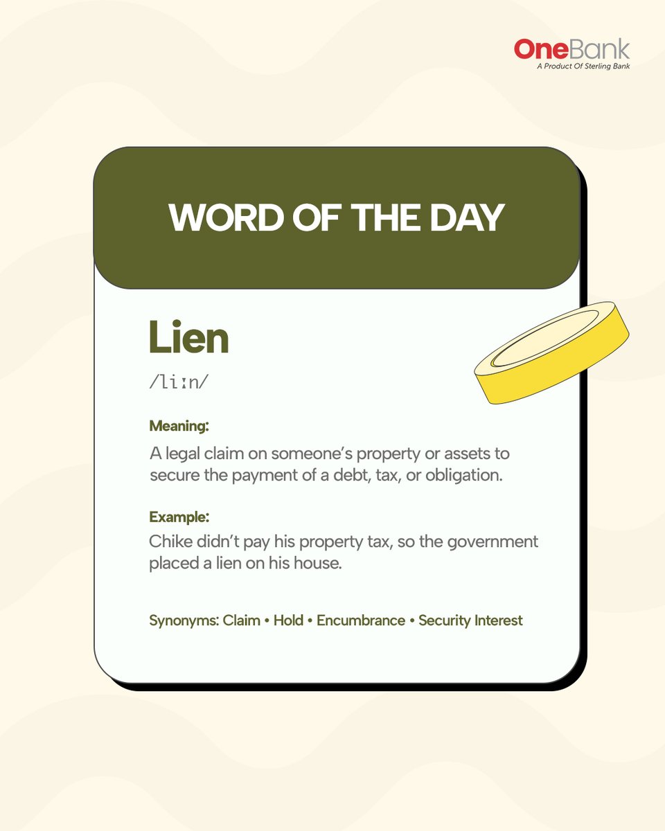 OneBankNG's tweet image. That moment when your money is “there”… but not really available 👀

That’s a lien.

It’s a claim on your funds until a debt is cleared.

Simple, but important to know 💡

#WordOfTheDay #Lien #OneBank