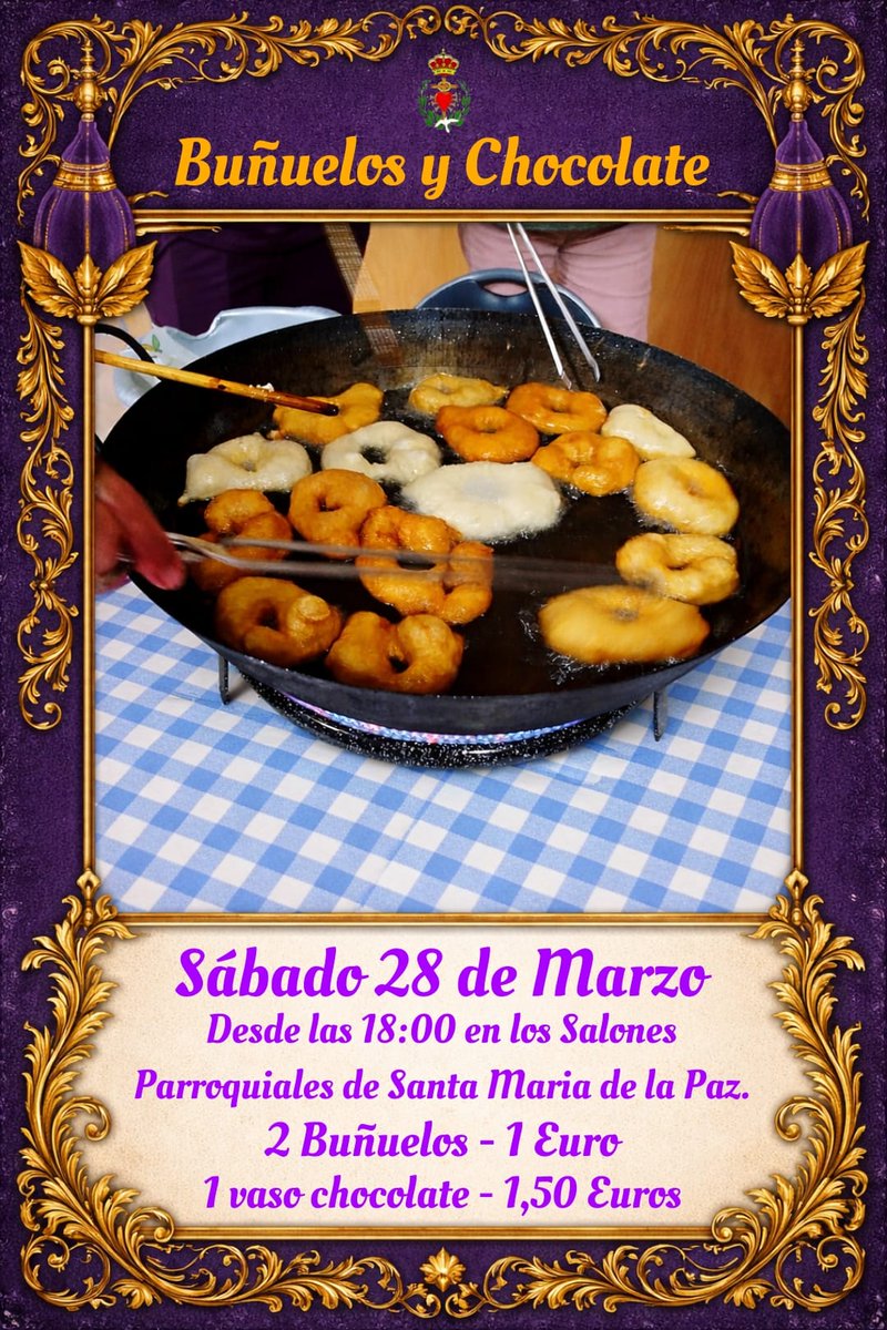 El próximo Sábado 28 de Marzo desde las 18:00 en los Salones Parroquiales podréis comprar aún módico precio buñuelos y chocolate.