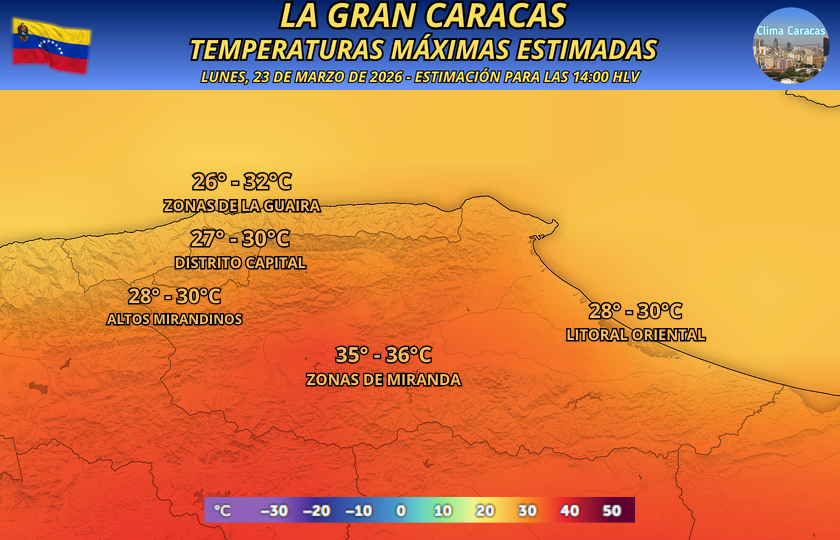 #23Mar | Clima Caracas informa: Temperaturas Máximas Estimadas para la Gran Caracas.