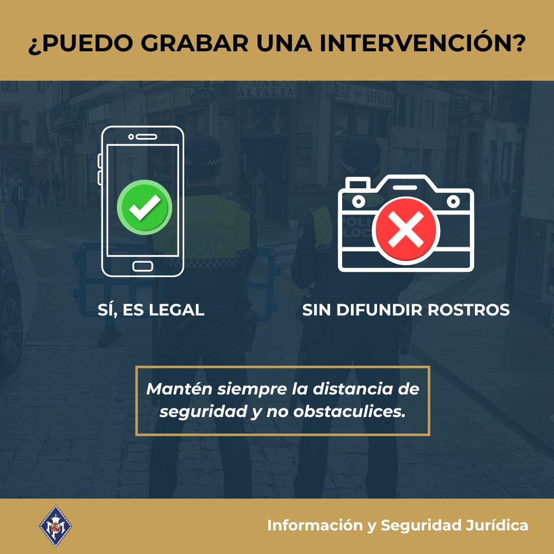 📹 ¿Es legal grabar a la Policía en #Sevilla?

✅ SÍ: Puedes grabar intervenciones en vía pública. 
❌ NO: Difundir imágenes que peligren la seguridad de agentes o la operación (Art. 36.23 LO 4/2015).
⚠️ No obstaculices el trabajo físico.

#PolicíaLocal #Sevilla