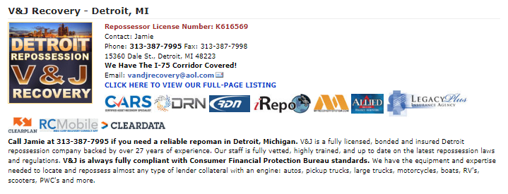 autorepo's tweet photo. Repo Spotlight: ***V&amp;J RECOVERY 313-387-7995***a MICHIGAN-based  REPOSSESSION AGENCY covering  DETROIT and FLINT, MI. for ALL Lenders doing Auto &amp; Commercial  Repossessions. Advertise on the No.1 Repo  Directory like V&amp;J Recovery does to get found on more searches! https://t.co/qQcaZp5ELY