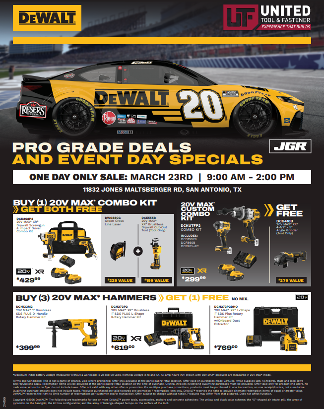 unitedtoolf's tweet photo. San Antonio, get ready for the #DEWALT NASCAR Racecar (tool) Sale TODAY, Mon, March 23, at 11832 Jones Maltsberger Rd. from 9am-2pm. Don't miss this exciting 1-day #sale event featuring the #NASCAR racecar, special 1-day deals &amp; tool demos! https://t.co/R0prqRbUNi