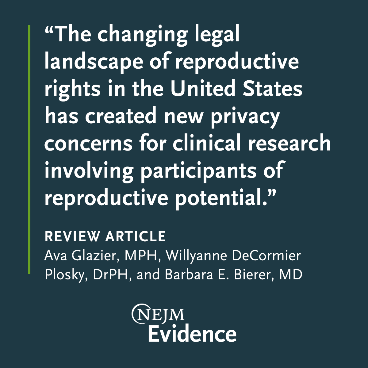 NEJMEvidence's tweet image. Review Article: “Disclosure of Pregnancy-Related Privacy Risks in Clinical Research Post-Dobbs" by Ava Glazier, MPH, Willyanne DeCormier Plosky, DrPH, and Barbara E. Bierer, MD eviden.cc/4aKhvO2 

#OBGYN #MedicalResearch