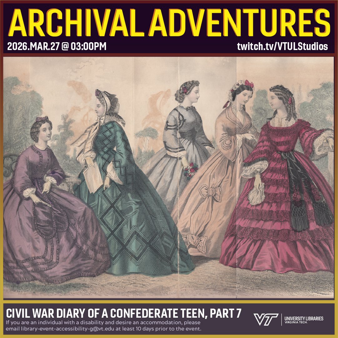 VT_SCUA's tweet photo. Today, we rejoin Fannie Murdoch in 1862 Mississippi via her teenage diary. Join us at 3:00 p.m. for more of Fannie Murdoch's thoughts, fears, and joys as a young teenage girl in the Confederacy.

🔗https://t.co/9MEdUVI7Iq
#ArchivalAdventures https://t.co/E0FXDlH35y