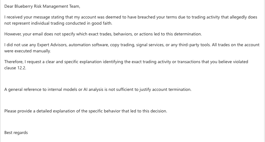 graywolfe's tweet photo. explain this.
#PropFirm #ForexTradingProofs attached 👇 Full emails: breach notice + my response + their 'decision is final' reply. No explanation, no evidence provided.
100% manual trading, paid twice before. Why breach on 3rd payout?@BlueberryFunded https://t.co/AfnmLEABkT