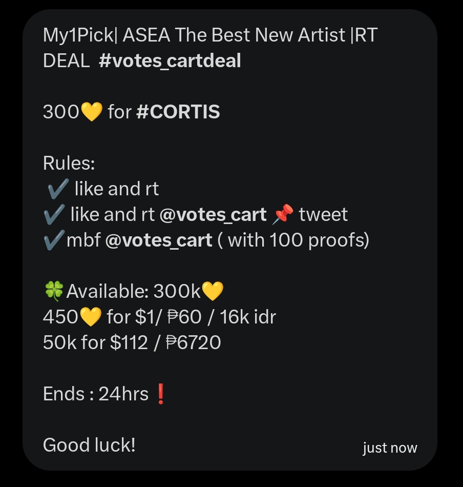 sohijapko's tweet photo. My1Pick| ASEA The Best New Artist |RT DEAL  #votes_cartdeal 

300💛 for #CORTIS 

Rules:
✔️ like and rt
✔️ like and rt @votes_cart 📌 tweet
✔️mbf @votes_cart ( with 100 proofs) 

🍀Available: 300k💛
450💛 for $1/ ₱60 / 16k idr 
50k for $112 / ₱6720

Ends : 24hrs❗️ https://t.co/oT76KNY3mn