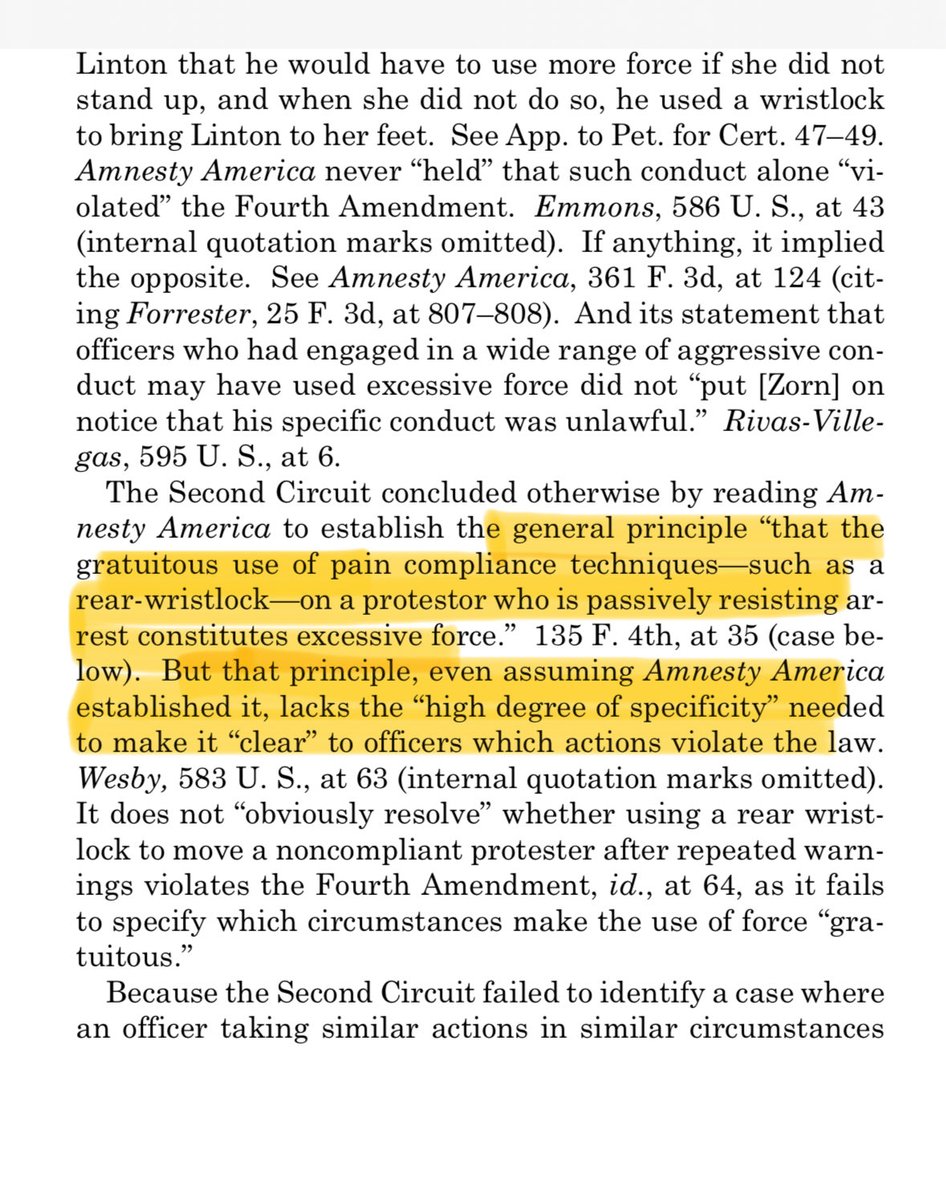 Chuck_Morris's tweet photo. I’m sorry, what … SCOTUS summarily reverses denial of qualified immunity (3 liberals dissent) b/c apparently using a specific pain compliance technique on passive protestors is *too broad* a principle to clearly establish that it violates the Constitution. HUGE QI step backwards https://t.co/qAtC5pAstX