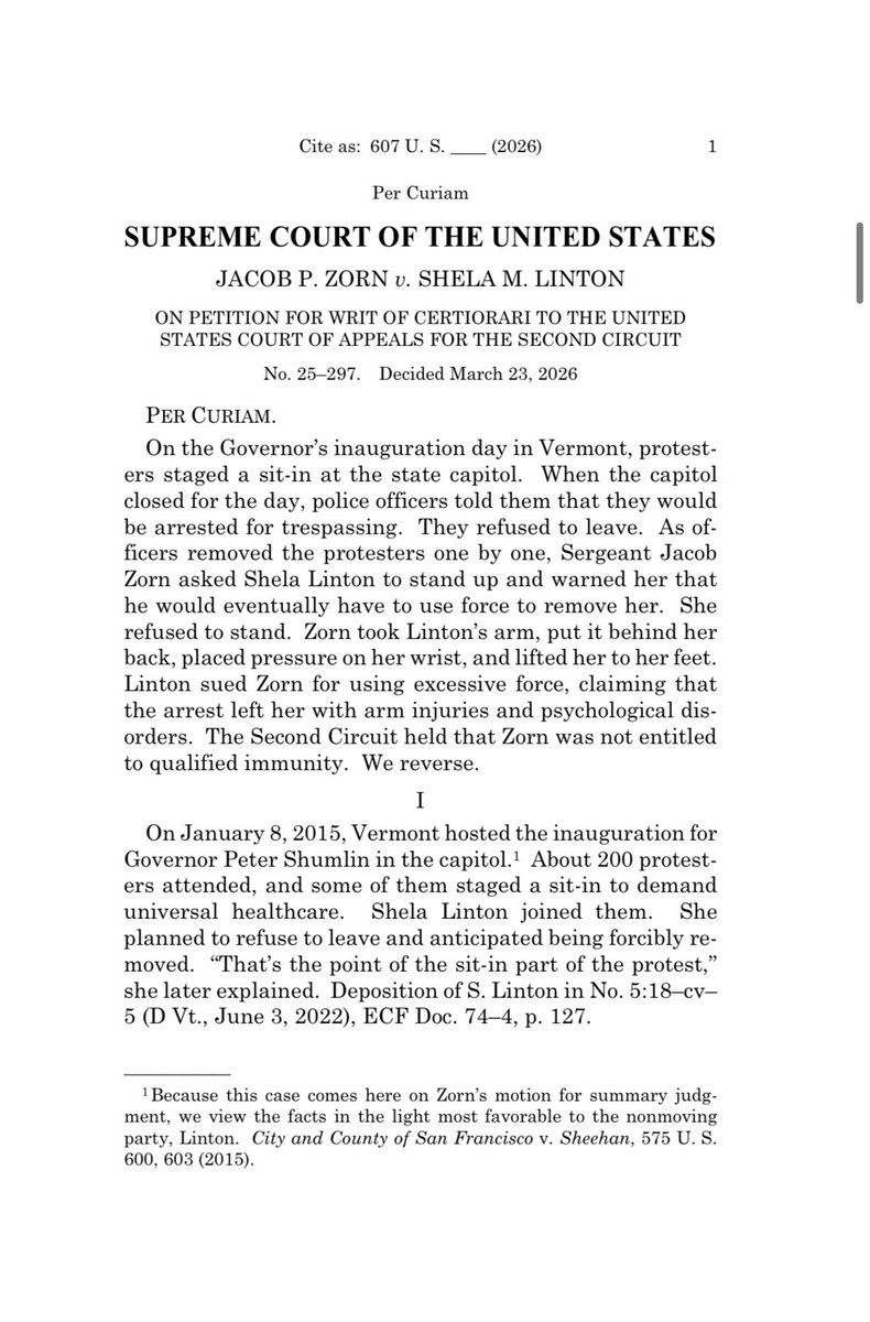 Chuck_Morris's tweet photo. I’m sorry, what … SCOTUS summarily reverses denial of qualified immunity (3 liberals dissent) b/c apparently using a specific pain compliance technique on passive protestors is *too broad* a principle to clearly establish that it violates the Constitution. HUGE QI step backwards https://t.co/qAtC5pAstX