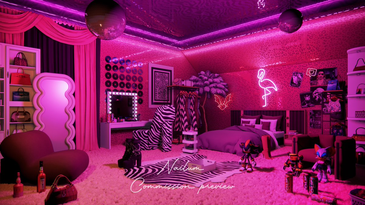 ArtNailum's tweet image. A messy little kingdom of a workaholic girl, hot pink and black motif with a touch of vanity lingers.

---background commission---

commission: @BelkisKamino 
Background : @ArtNailum

#background #opencommissions #Vtuber #VTuberAssets