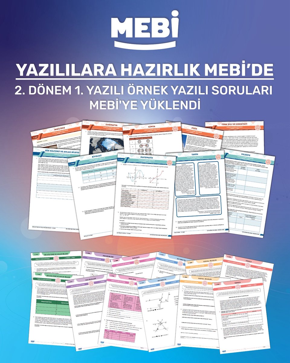 📝 Yazılıya Hazırlanıyorum!
2. dönem 1. yazılı sınavlara yönelik hazırlık soruları MEBİ’de 🌟
🥁Öğretim programlarına uygun, beceri temelli ve sınav odaklı içeriklerle yazılılara daha hazır, daha özgüvenli girin.
📲 Sen de hemen MEBİ’ye gir, yazılılara hazırlanmaya başla 😉