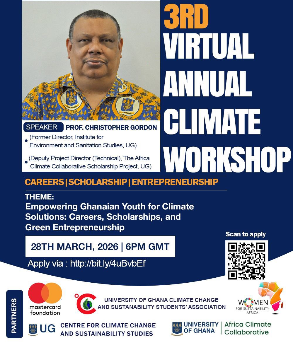 ug_ccssa's tweet photo. PRESENTATION OF SPEAKERS

Professor Christopher Gordon is our first speaker for the Virtual Climate Workshop this year. He will be speaking on the Mastercard Africa climate Scholarship at University of Ghana and Study Pathways in climate related field. Prof Gordon has interest https://t.co/gxORNcP9kl