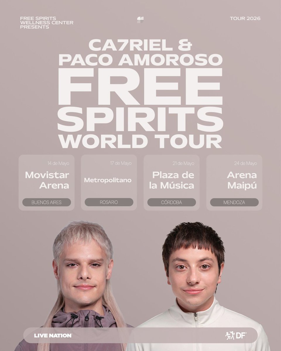 RecitArg's tweet photo. CA7RIEL y Paco Amoroso
Free Spirits Tour

Fechas confirmadas en Argentina:
📅 14/5 - Buenos Aires, Argentina @ Movistar Arena
📅 17/5 - Rosario, Argentina @ Metropolitano Rosario
📅 21/5 - Córdoba, Argentina @ Plaza de la Música
📅 24/5 - Mendoza, Argentina @ Arena Maipú https://t.co/5LSJww3tXg