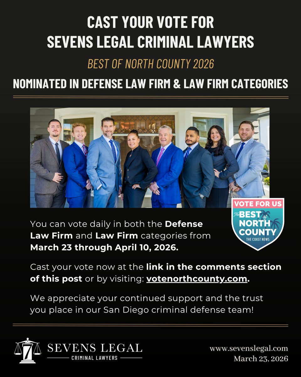 SevensLegalSD's tweet photo. Cast your vote for North County’s Best of 2026! Sevens Legal Criminal Lawyers is honored to be nominated in both the Best Defense Law Firm and Best Law Firm categories. Voting is open March 23 through April 10, 2026, and you can vote daily by visiting https://t.co/UdoXEai0ik.
#SanDiego #CriminalDefense #BestOfNorthCounty

Sevens Legal Criminal Lawyers is led by Samantha Greene, Certified Criminal Law Specialist (State Bar of California Board of Legal Specialization), Dan Greene, Trial Lawyer of the Year (2019, Criminal Defense Bar Association of San Diego), and Kerry Steigerwalt, AV Preeminent® Rated (Martindale-Hubbell) for 10+ years. Our attorneys bring decades of combined criminal defense experience. Office: San Diego, CA.

Disclaimer: This post is for informational purposes only and does not constitute legal advice or create an attorney-client relationship. Past results do not guarantee future outcomes. Each case is unique and should be evaluated by a qualified attorney. For legal advice, please contact our office directly.