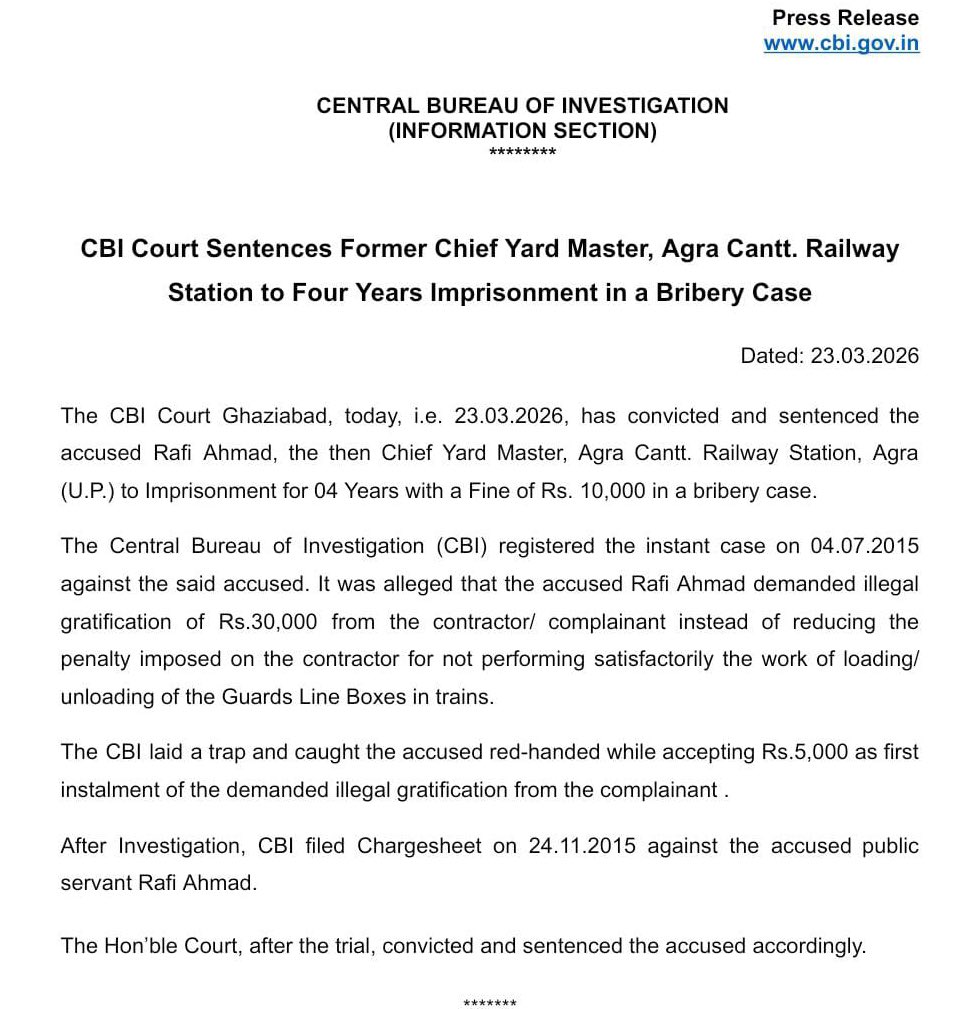 Railwhispers's tweet photo. #CBI_Court Sentences Former Chief Yard Master (#CYM), #RafiAhmed, Agra Cantt. Railway Station to Four Years Imprisonment with a fine of ₹10,000 in a #Bribery Case.
CBI has registered a on 04.07.2015 against said CYM who has demanded ₹30,000 from a contractor.
@RailMinIndia https://t.co/D1lU8Se7lA
