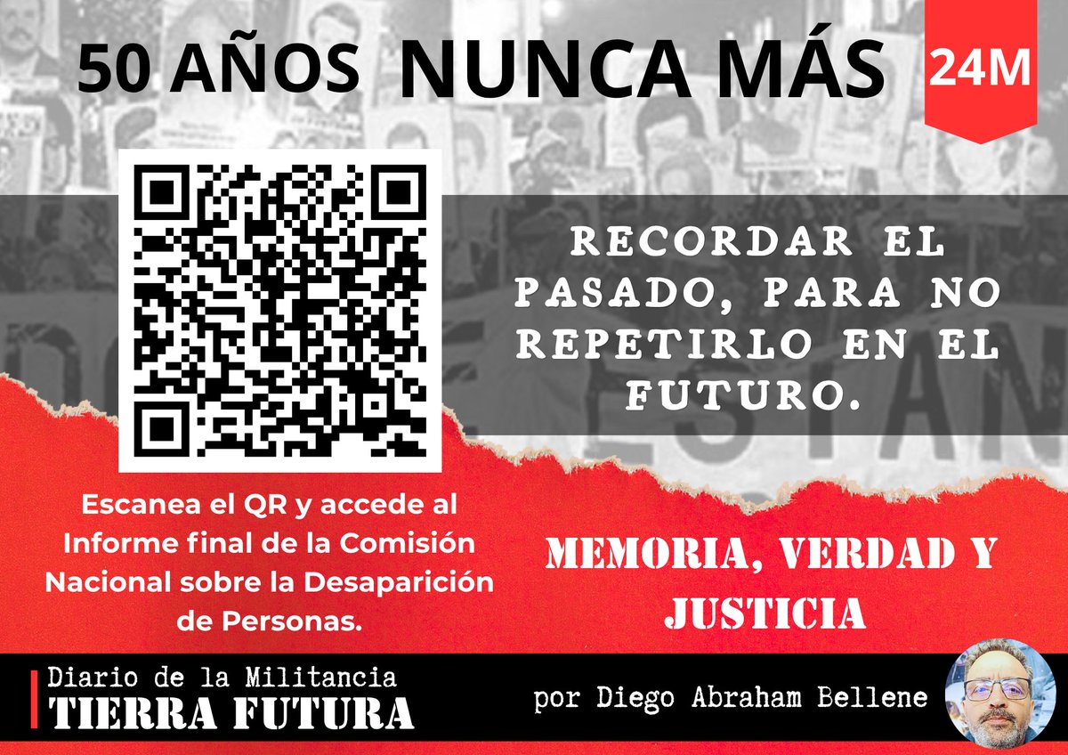 dabellene's tweet photo. 50 años del golpe. 30.000 desaparecidos. 84 periodistas entre ellos.
Hoy hay un gobierno que niega, relativiza y borra la memoria.
El negacionismo no es opinión. Es el primer paso hacia la repetición.
#NuncaMás #24deMarzo https://t.co/llmjbgviPZ