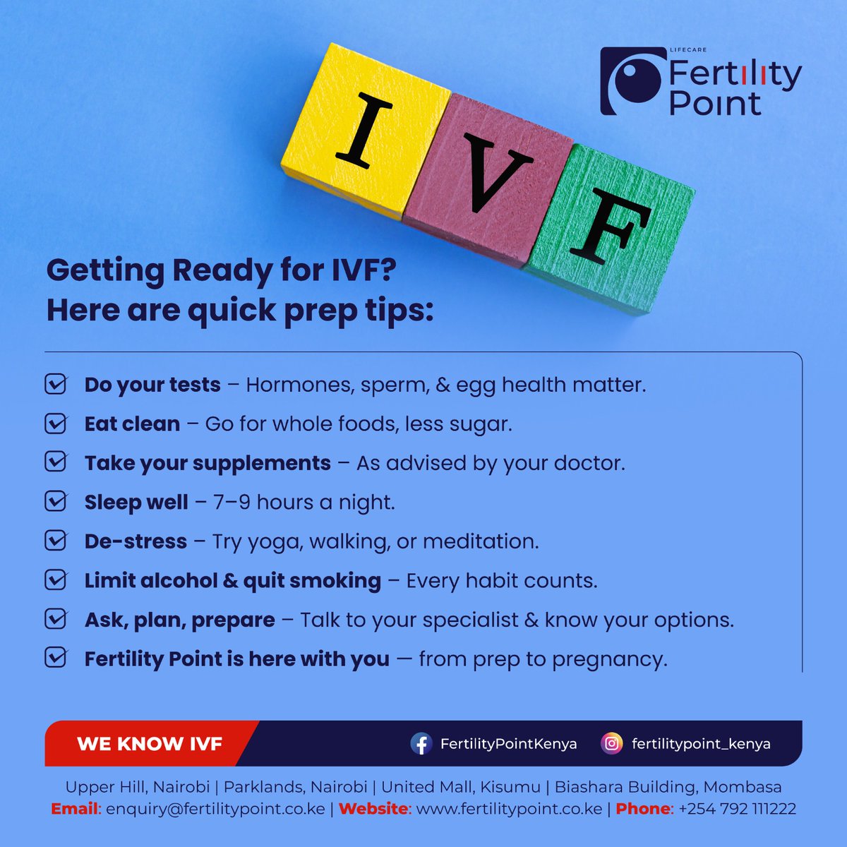 Getting ready for IVF can feel overwhelming, but you don’t have to do it alone. Small steps like caring for your body, managing stress, and following your doctor’s guidance can make a difference. 
What’s the one thing you’re focusing on to prepare for your IVF journey? 

#ivf