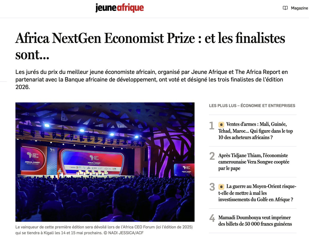 AbdouNdiayeNYU's tweet photo. Je suis honoré et touché d'avoir été désigné finaliste du tout premier Prix Africa NextGen Economist, décerné par la Banque Africaine de Développement, The Africa Report et Jeune Afrique, aux côtés de deux brillants économistes Africains. J'ai bon espoir que cette initiative suscitera l'émergence d'un réseau grandissant d'économistes africains menant des recherches indépendantes et rigoureuses sur les questions économiques les plus urgentes de notre continent. 🌍