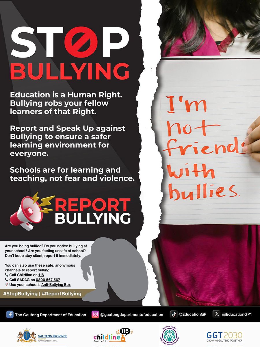 EducationGP1's tweet photo. 🚫 STOP BULLYING
Education is a Human Right. 
Bullying robs your fellow learners of that Right.

📢 REPORT BULLYING
If you’re being bullied or see someone who is being bullied: 

📞 Call Childline Gauteng on 116 (toll-free)
📞 Call The South African Depression and Anxiety Group on 0800 567 567
📬 Or use your school’s Anti-Bullying Box to report anonymously.

Report and Speak Up against Bullying to ensure a safer learning environment for everyone. 

#StopBullying #ReportBullying #GrowingGautengTogether